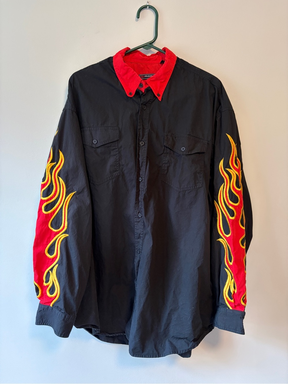Roper Black Flame Embroidered Western Shirt 2XL Y2K Rockabilly Hot Rod